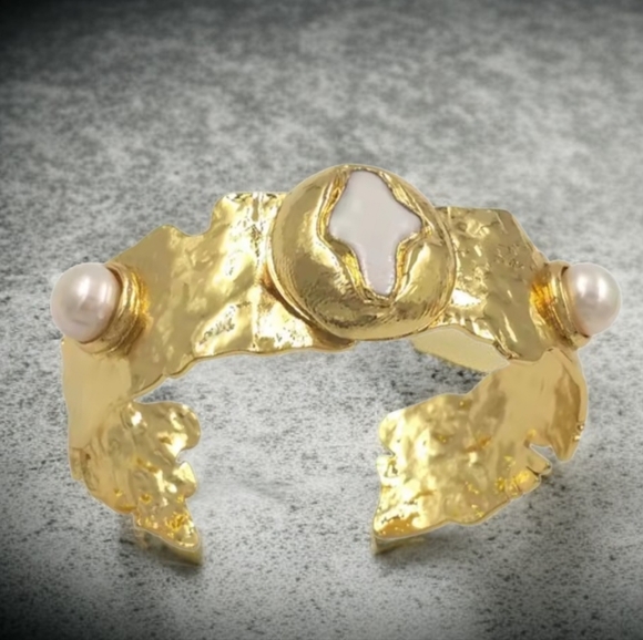 Designer Jewelry - 18k Gold Plated Byzantine Cross Keishi Pearl Bangle Cuff Bracelet